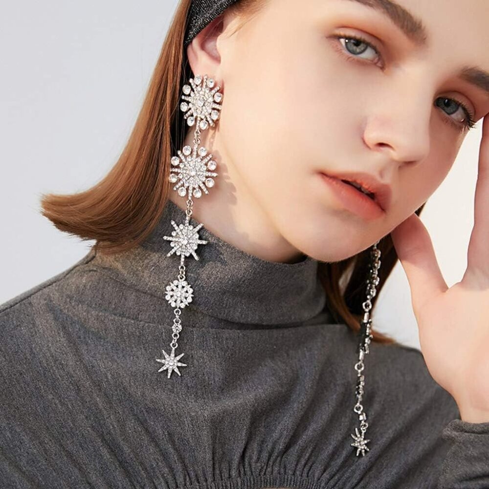 Snowflake Starburst Rhinestones Dangle Drop Earrings Long Tassel Earrings Bling